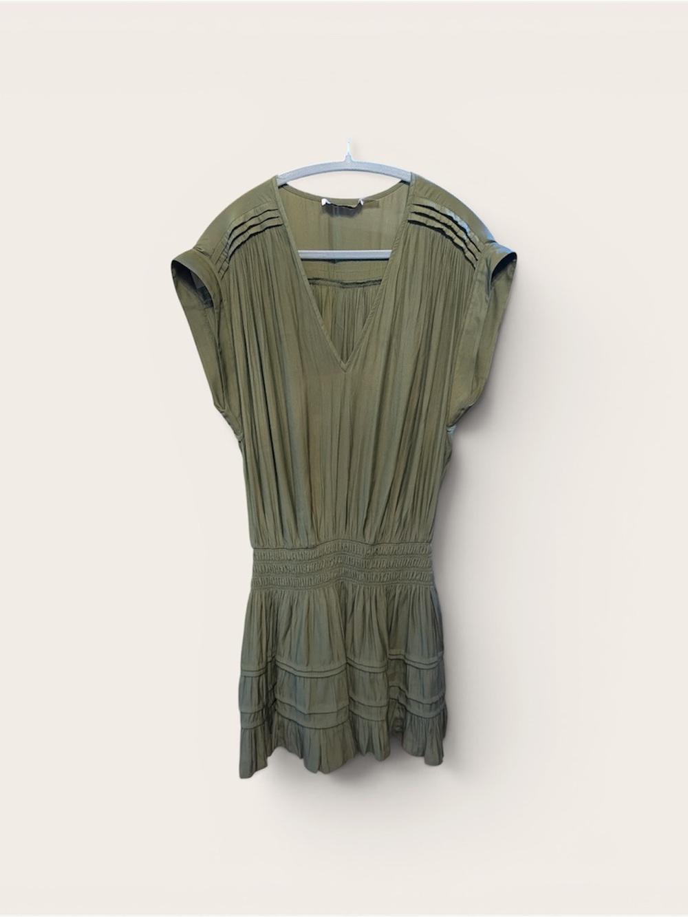 Ramy Brook Olive Green V-Neck Pleated Mini Dress